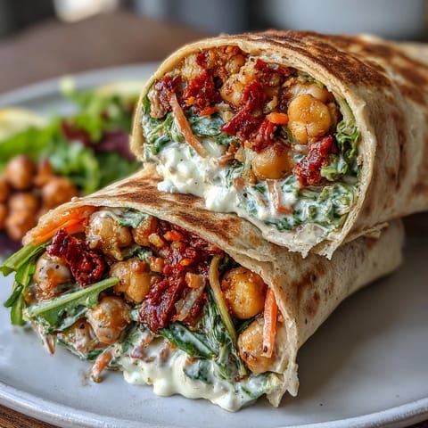 Colorful plant-based wraps with tangy sun-dried tomato chickpea salad, crunchy carrots, and crisp greens for a healthy lunch.  