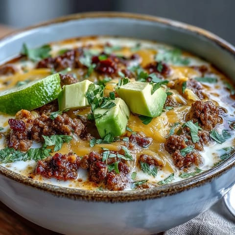 Savory low-carb taco soup loaded with seasoned ground beef, cheddar, and fresh avocado garnish.  