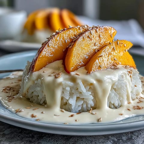 Mango sticky rice dessert with creamy coconut sauce and fresh ripe mango slices, served on a traditional Thai plate.  