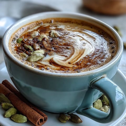 Warm and creamy cardamom chai latte topped with cinnamon, featuring fragrant spices and black tea in a rustic setting.