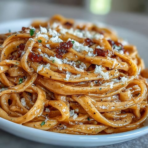 Truffle-infused egg pasta with butter and Parmesan, showcasing golden strands glistening with truffle oil and freshly grated cheese.
