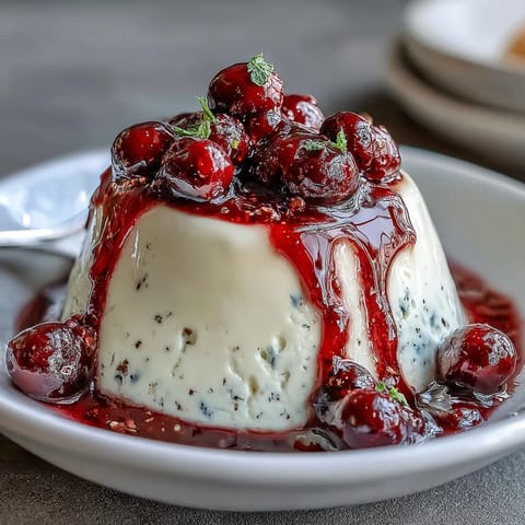 Creamy Italian dessert infused with aromatic cardamom, elegantly presented with fresh berries and a glossy berry sauce.  