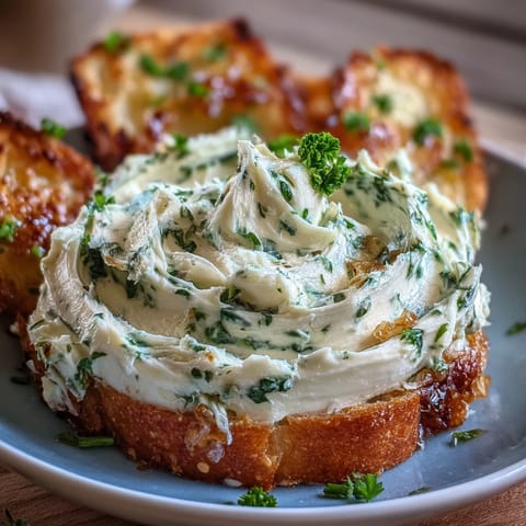 Creamy roasted garlic and herb butter spread on toasted crostini with fresh parsley and chives.