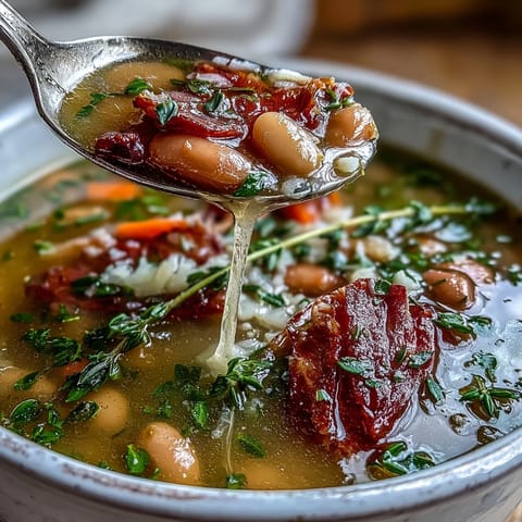 A steaming bowl of hearty ham and navy bean soup, rich with tender beans, savory ham, and fragrant fresh thyme sprigs.  