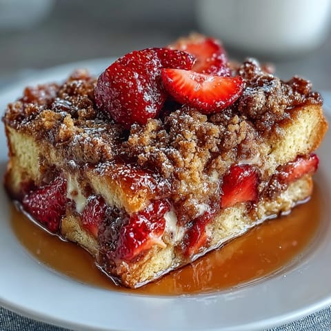 Galentines Brunch Strawberry French Toast Casserole with golden custard-soaked brioche and fresh berries, dusted with powdered sugar.