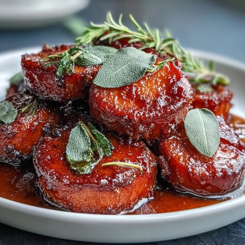 A golden tray of candied yams baked in rich brown butter and sage, perfect for holiday gatherings.  