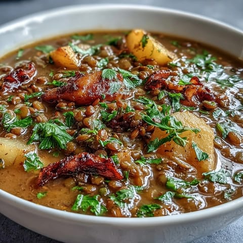 A comforting bowl of ham bone and lentil soup, packed with tender root vegetables and fragrant herbs.  