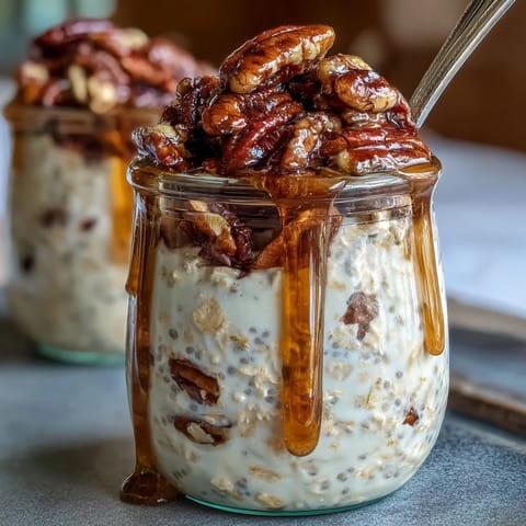 Creamy overnight oats topped with crunchy, caramelized pecans and a rich maple syrup drizzle—a perfect make-ahead breakfast.  