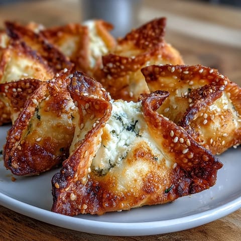 Golden-brown wontons stuffed with savory cream cheese, spring onions, and garlic, served hot and crunchy.