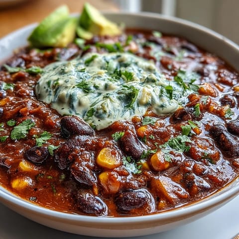 Hearty vegetarian chili with black beans, sweet corn, and bold spices, served with a zesty lime crema drizzle.  