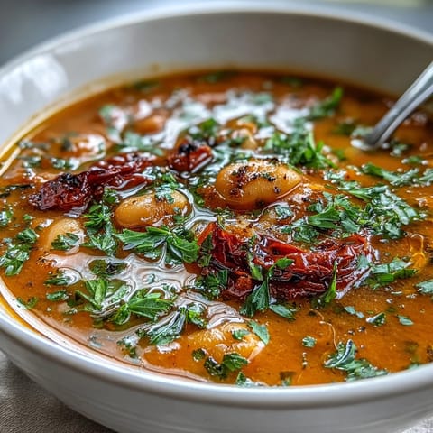 Creamy roasted red pepper and white bean soup with vibrant vegetables and aromatic herbs, served steaming hot in a rustic bowl.  