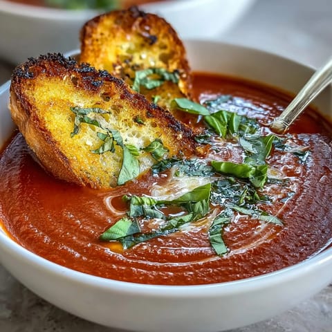 Velvety tomato soup infused with fresh basil, served with crispy, buttery sourdough bread strips perfect for dipping.