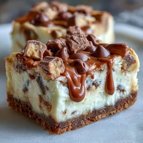 Decadent peanut butter cup cheesecake bars with creamy filling and rich chocolate chunks.  