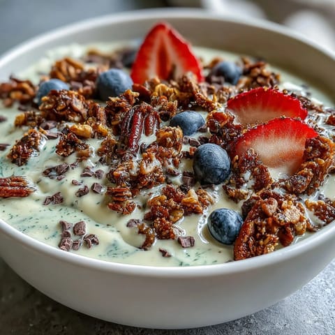 Creamy vanilla bean frappuccino smoothie bowl topped with crunchy granola, fresh blueberries, and sliced strawberries in a white bowl.