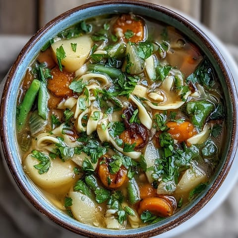 A steaming bowl of simple vegetable noodle soup with colorful carrots, celery, and noodles in rich broth.  