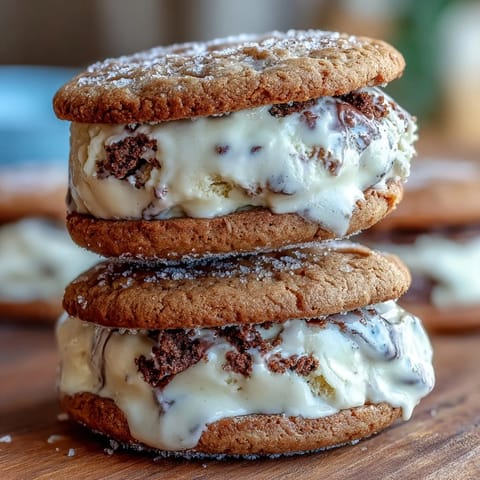 Creamy vanilla bean ice cream layered between soft espresso cookies in a classic ice cream sandwich.  