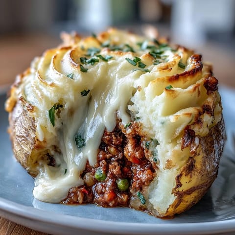 Comforting shepherds pie filling nestled inside fluffy baked potatoes and crowned with buttery mashed potato swirls.  