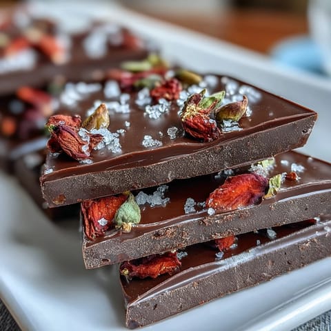 Luxurious Dubai chocolate strawberry bark with dark chocolate, freeze-dried strawberries, and edible gold leaf for an elegant dessert.