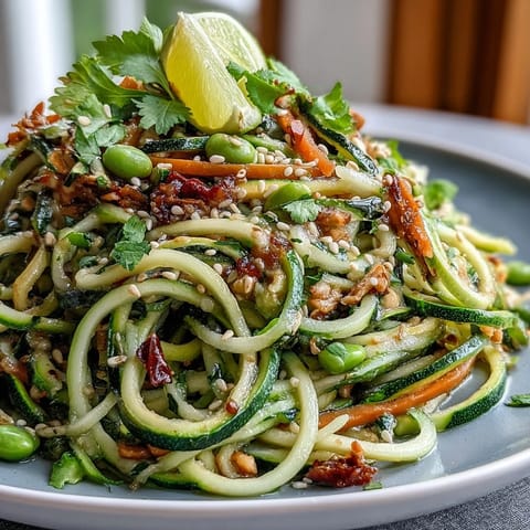 Healthy Easy Zucchini Noodle Stir Fry with vibrant spiralized zucchini, crisp vegetables, and a savory sesame sauce in a colorful bowl.