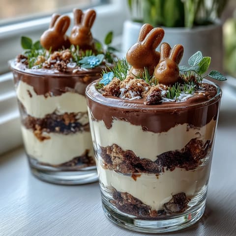 Adorable Easter Bunny Dirt Cups with chocolate pudding and crushed cookies, topped with marshmallow bunnies and candy eggs.