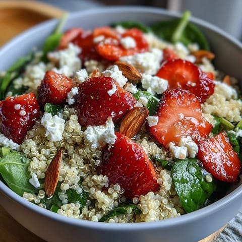 A colorful quinoa salad with juicy strawberries, creamy feta, and spinach, drizzled with tangy balsamic dressing.