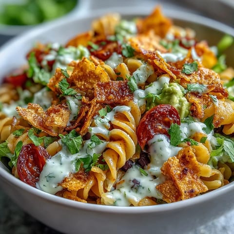 Colorful taco pasta salad with Doritos and avocado ranch, perfect for summer potlucks or quick weeknight dinners.