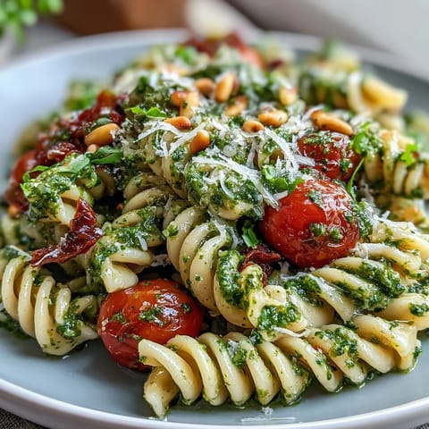 A colorful bowl of summer pasta salad with pesto and cherry tomatoes, tossed with fresh arugula and lemon zest.