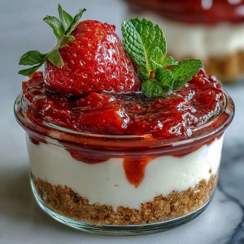 No-Bake Strawberry Cheesecake Jars with creamy layers and fresh strawberry compote in individual glass jars.
