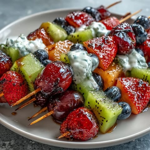 Rainbow Fruit Skewers with Honey Dip: colorful, juicy fruit on skewers paired with creamy honey-yogurt dip for a healthy, vibrant snack.
