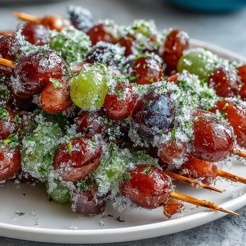 Frozen grape skewers with lime sugar glisten on a parchment-lined tray, juicy grapes coated in tangy lime zest sugar ready to freeze.