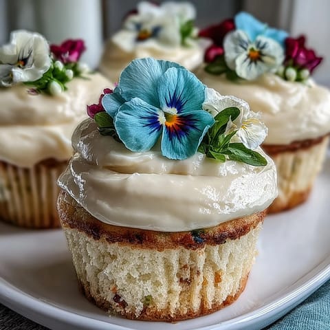 Vanilla cupcakes topped with smooth buttercream and edible spring flowers, perfect for a festive dessert table or spring celebration.