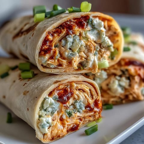 Buffalo Chicken Cream Cheese Pinwheel Wraps on a white platter, garnished with fresh parsley and celery sticks, perfect for game day parties.  