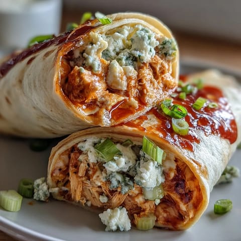 Spicy Buffalo chicken and cream cheese rolled into soft tortillas, sliced into bite-sized pinwheels for a zesty appetizer.  