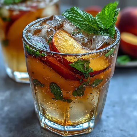 Iced Peach Green Tea Lemonade (Starbucks Copycat) with fresh peach slices.