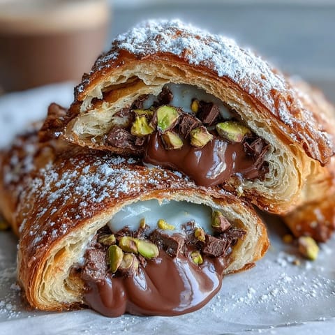 Golden-brown Dubai Chocolate Pistachio Croissant French Toast oozing with melted chocolate.