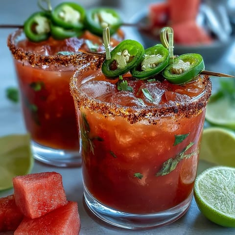 Refreshing watermelon jalapeño margarita mocktail, garnished elegantly, ready to serve.