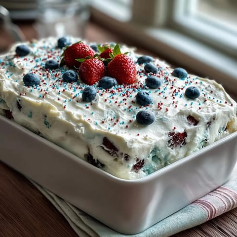 Bright Memorial Day Red White Blue Poke Cake, festive swirls, creamy topping beckons.