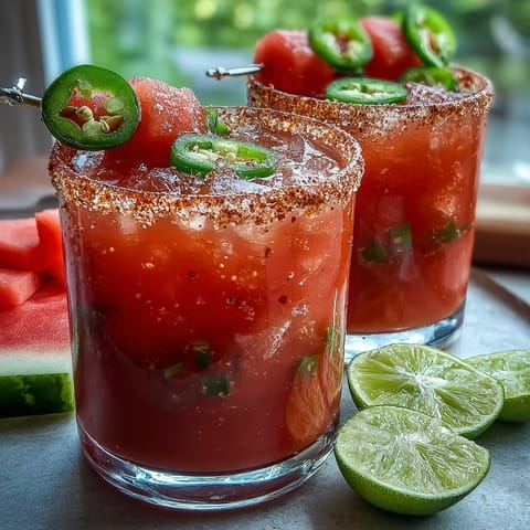 Vibrant watermelon jalapeño margarita mocktail, perfectly spiced for Cinco de Mayo.