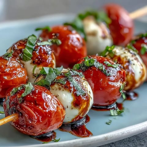 Bright Caprese skewers appetizer with fresh basil, mozzarella balls, and balsamic drizzle.