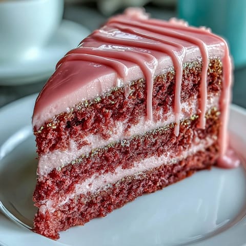 A dreamy Bridal Shower Rosé Velvet Cake adorned with decadent gold drip.