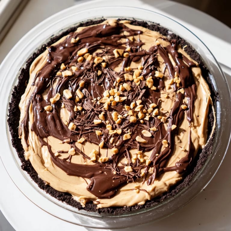 No-bake Peanut Butter Pie: See the smooth, peanut-buttery filling on a chocolate crust, perfect for dessert.