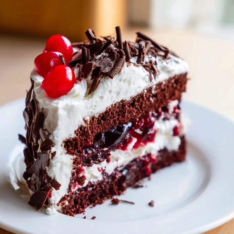 This Black Forest Cake features a moist chocolate cake with cherry filling and fluffy, sweet whipped cream.