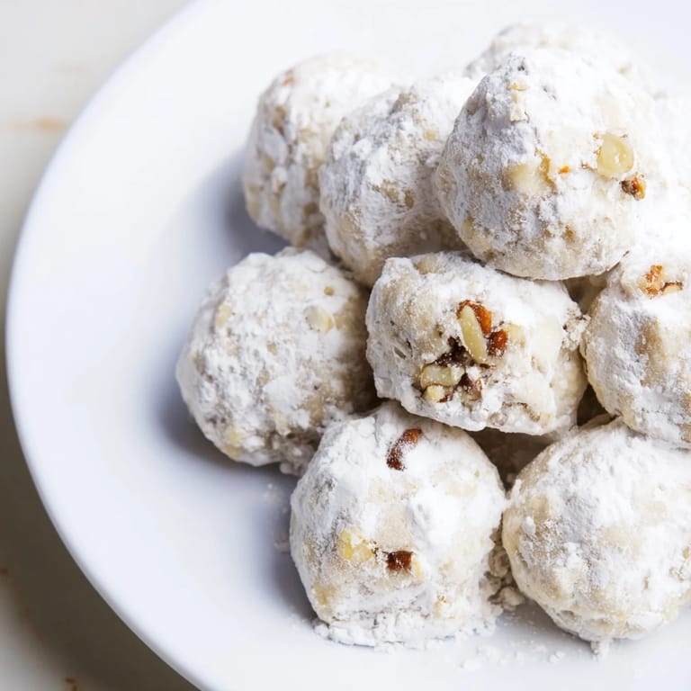 A plate of freshly-baked Mexican Wedding Cookies, slightly golden, with visible pecan pieces and a snowy sugar coating.