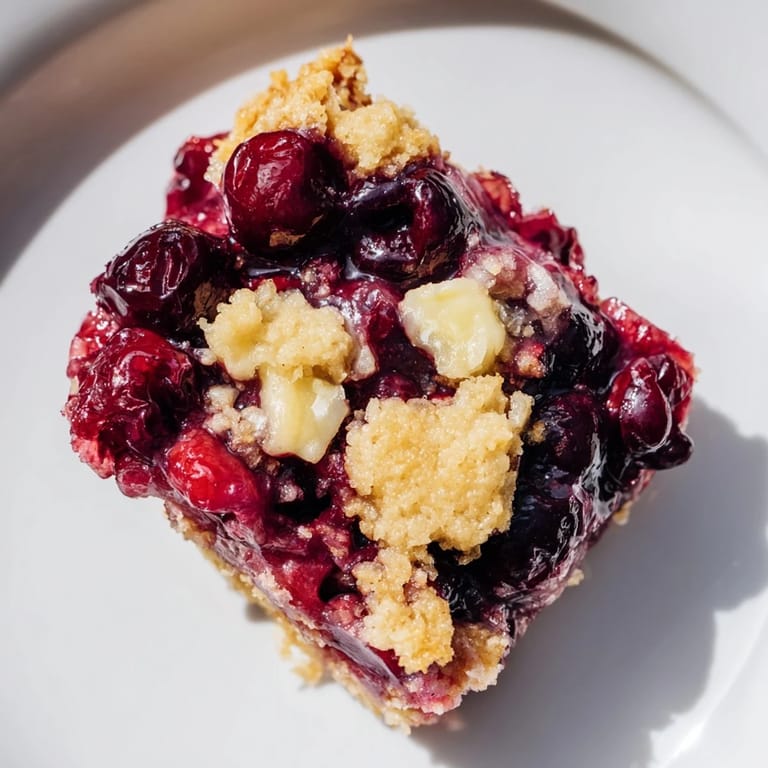 A close-up of a bubbling Dump Cake, showing the contrast between the fruit and the sweet cake topping.