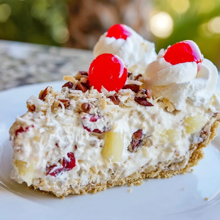 Sweet, chilled slice of Millionaire Pie with visible pineapple pieces and a graham cracker crust.