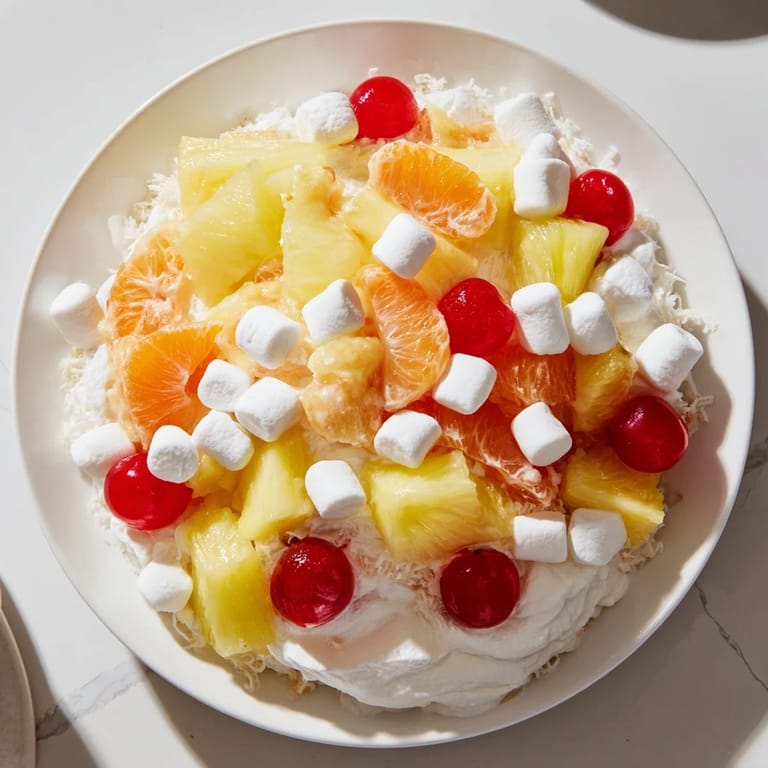 Creamy Ambrosia salad, featuring juicy fruit pieces and coconut, a classic potluck dessert delight.