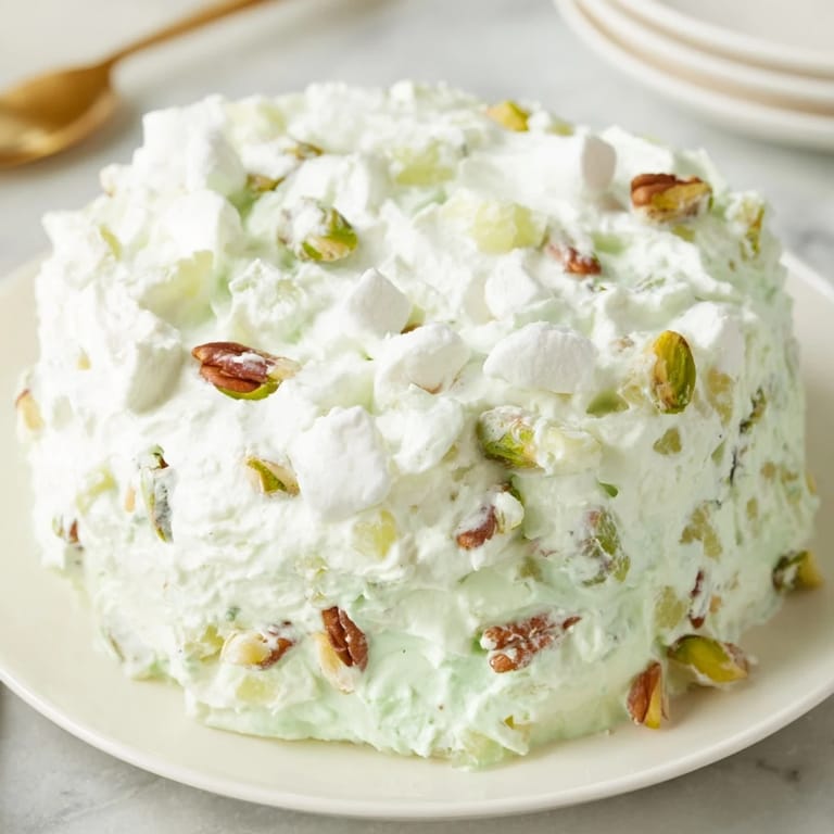 Creamy Watergate Salad, a retro dessert, showcasing pistachio pudding, pecan pieces, and whipped topping swirls.