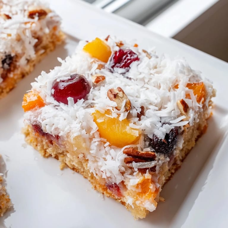 Freshly baked, golden Fruit Cocktail Cake with a swirl of warm, toasted coconut frosting on top.