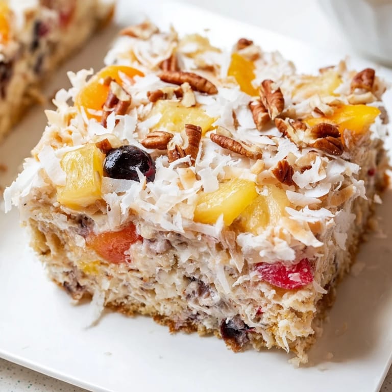Close-up of a delightful slice of Fruit Cocktail Cake, ready to be devoured with sweet fruits.