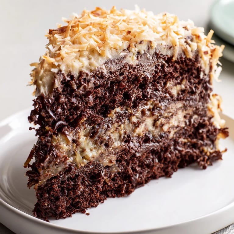 A slice of German Chocolate Cake, showing off its rich chocolate layers and creamy, textured frosting.